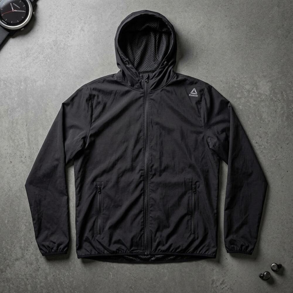 Reebok Black Windbreaker Jacket L Hooded Y2K Sportswear Runnercore Gorpcore